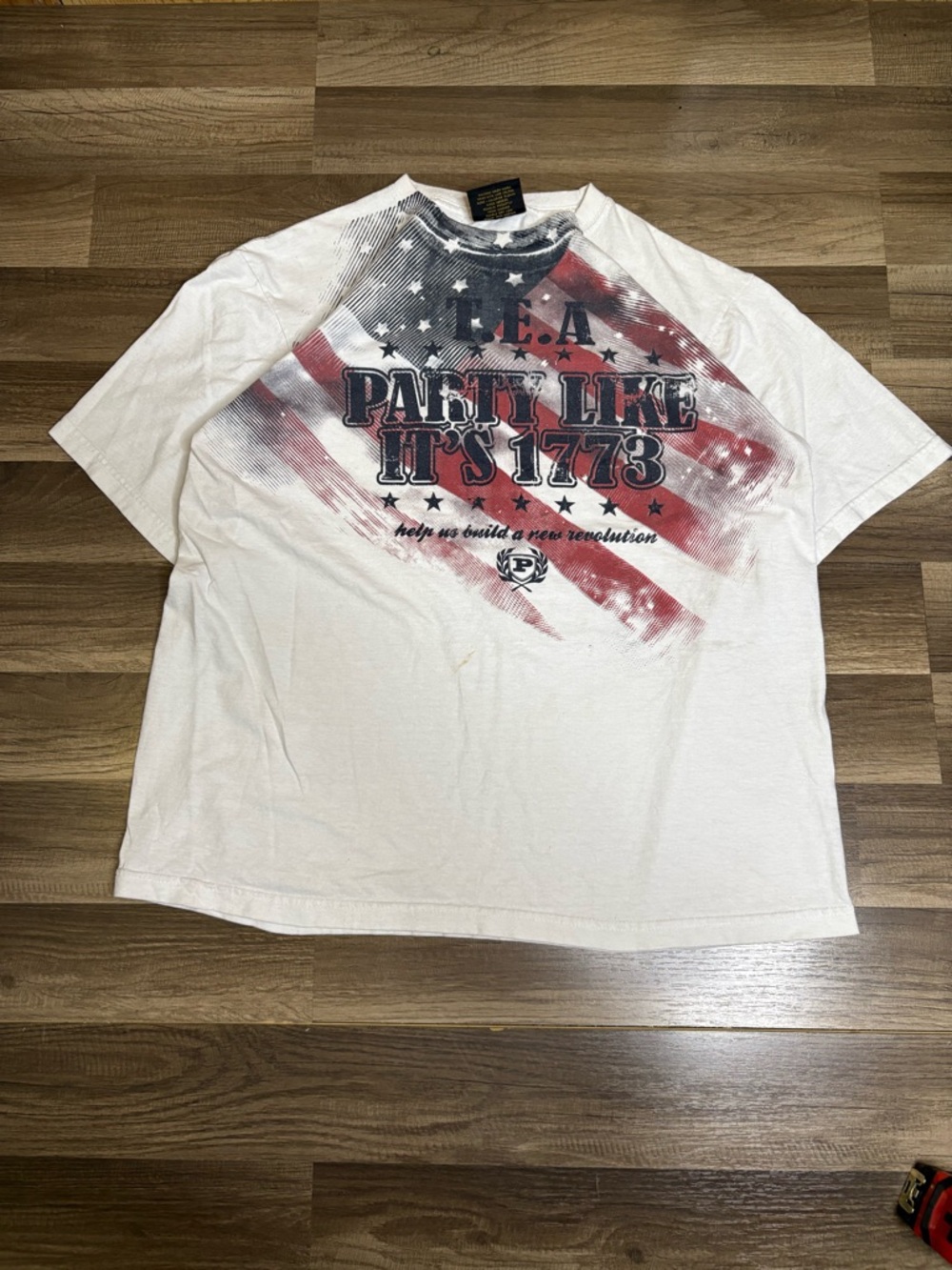 Phat Farm White Tee with Red & Blue American Flag Graphic